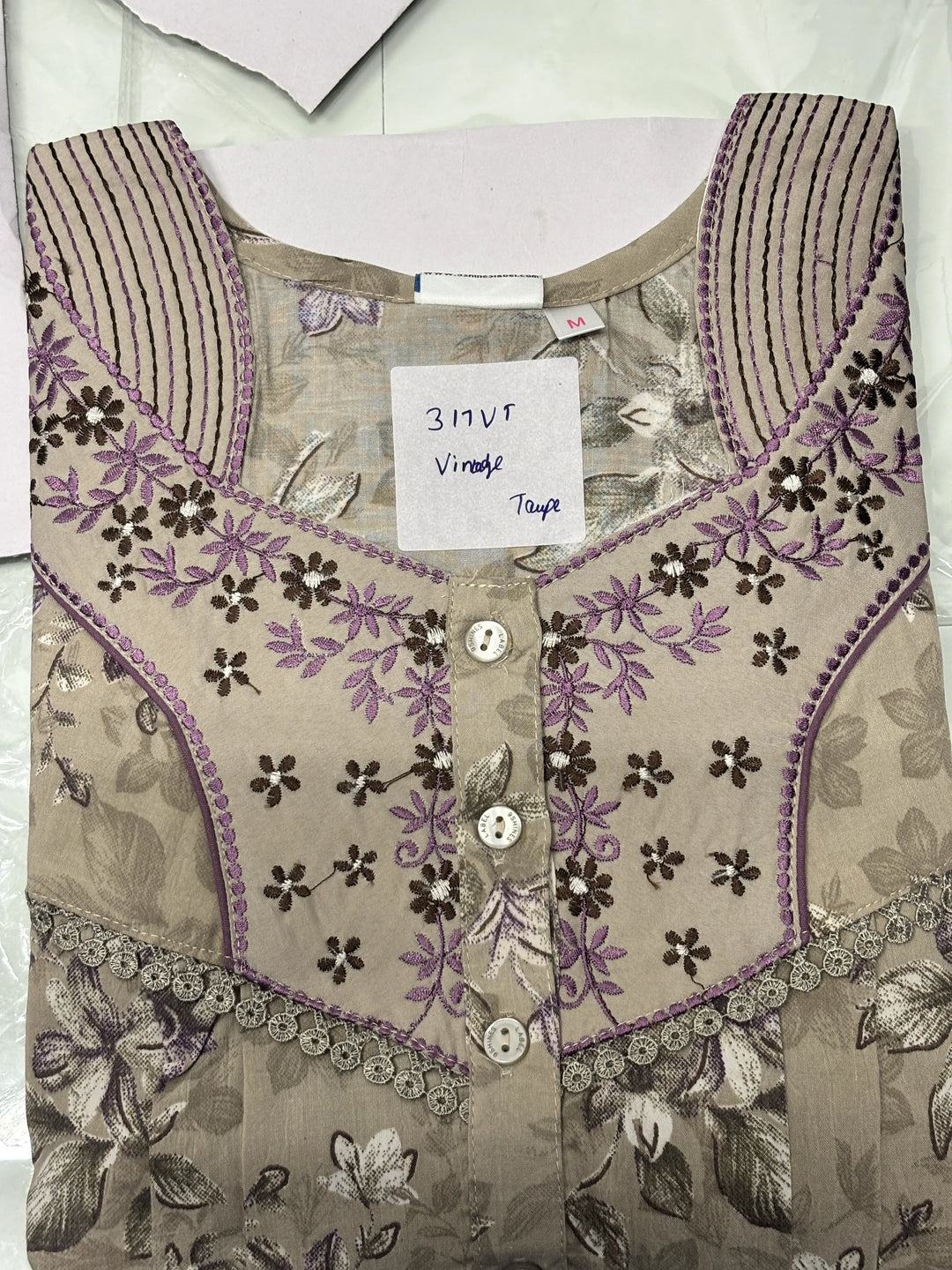 Vintage Taupe Cotton Crush Nighty for Women with Floral Print