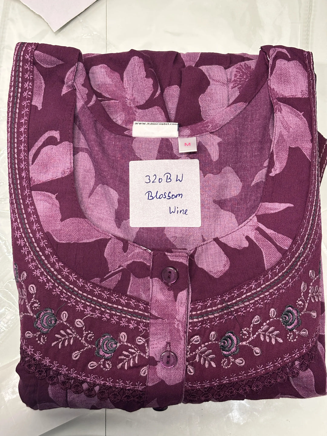 Women's Crush Cotton Designer Nighty in Blossom Wine with Front Buttons