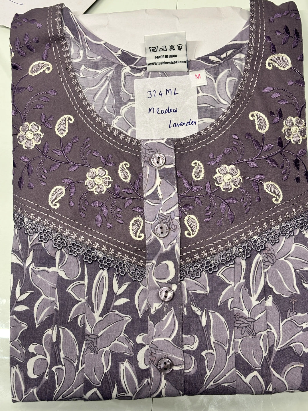 Lavender Floral Crush Cotton Designer Nighty with Front Buttons