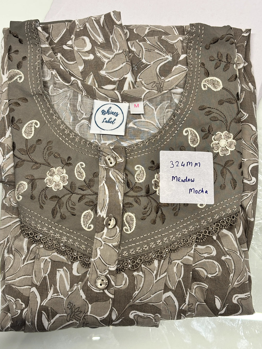 Mocha Floral Crush Cotton Pleated Nighty with Side Pocket