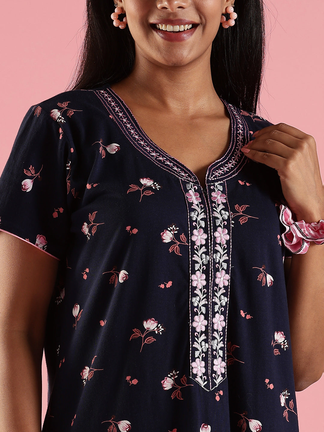 Indigo Navy Hosiery Cotton Nighty For Women with Zip and Pocket