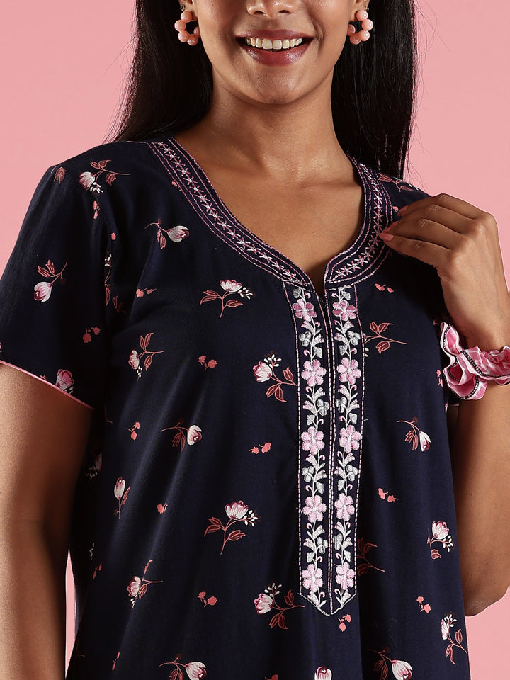 Indigo Navy Hosiery Cotton Nighty For Women with Zip and Pocket