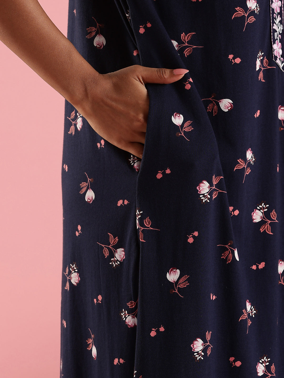 Indigo Navy Hosiery Cotton Nighty For Women with Zip and Pocket