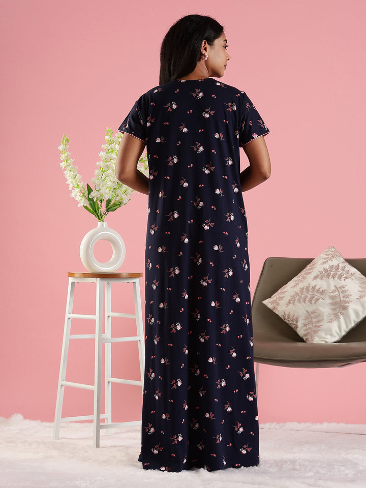 Indigo Navy Hosiery Cotton Nighty For Women with Zip and Pocket