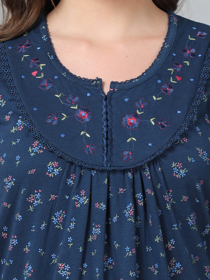 Jet Blue Embroidered Cozy Front Open Nighty for Feeding