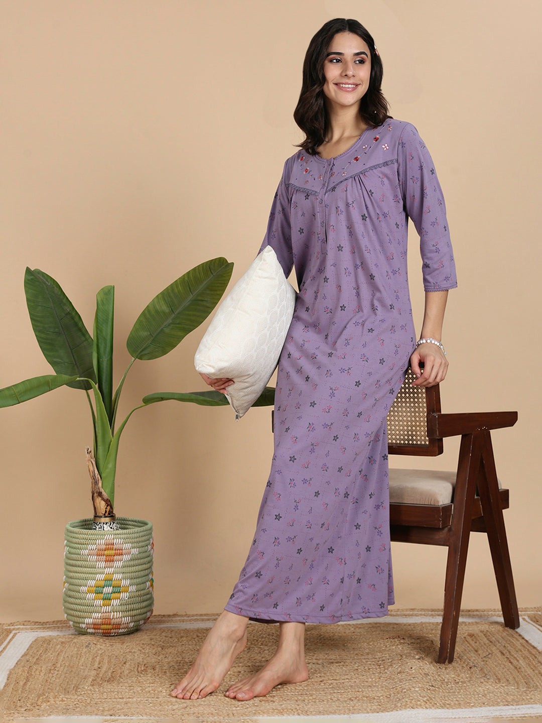 Buy Lavender Cotton Blend 3/4 Sleeves Nighty Dress for Women 9shines label Buy Lavender Cotton Blend 3/4 Sleeves Nighty Dress for Women 9shines label