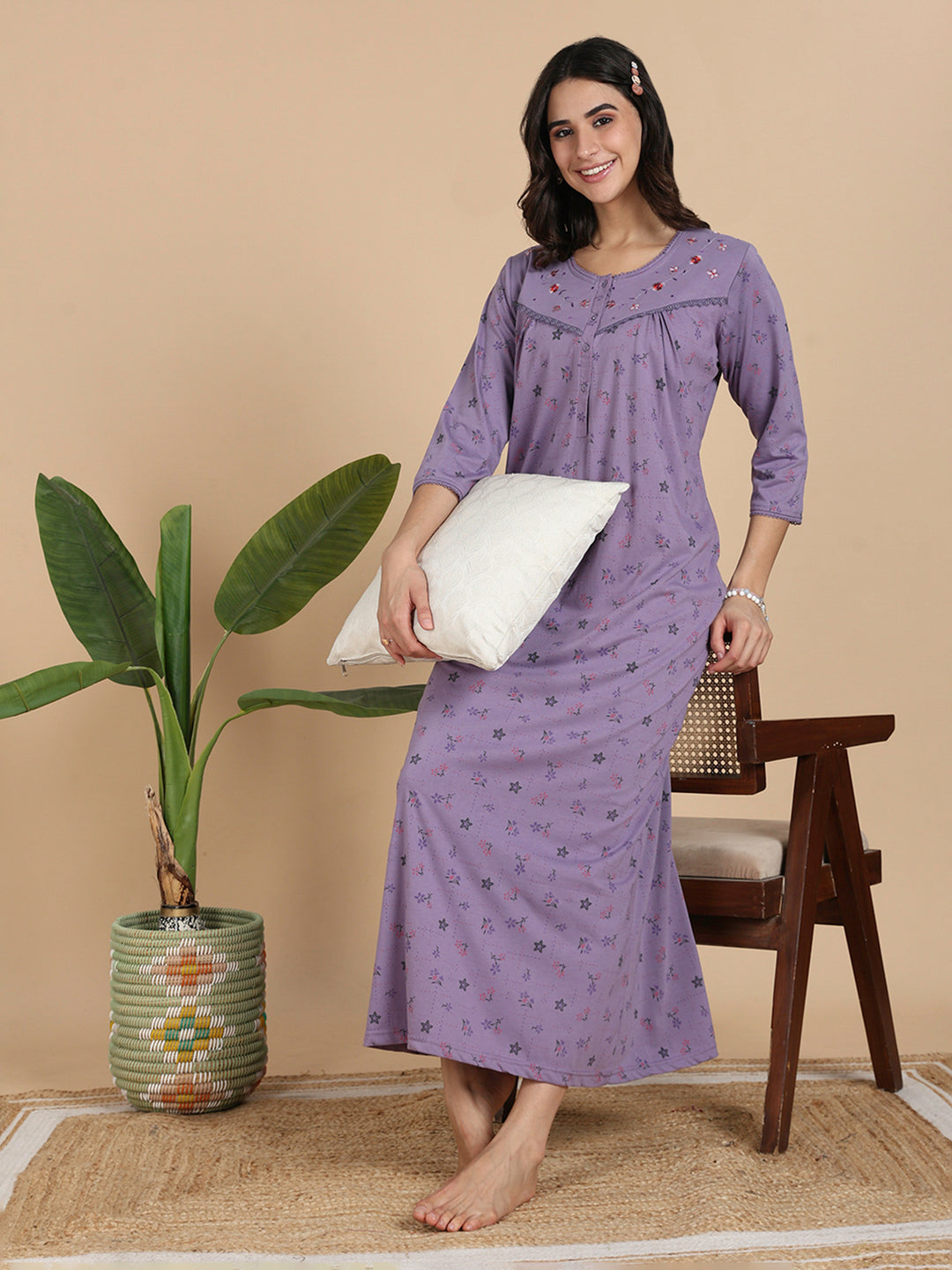 lavender cotton dress Buy Lavender Cotton Blend 3/4 Sleeves Nighty Dress for Women Cotton Blend / XXL/52
