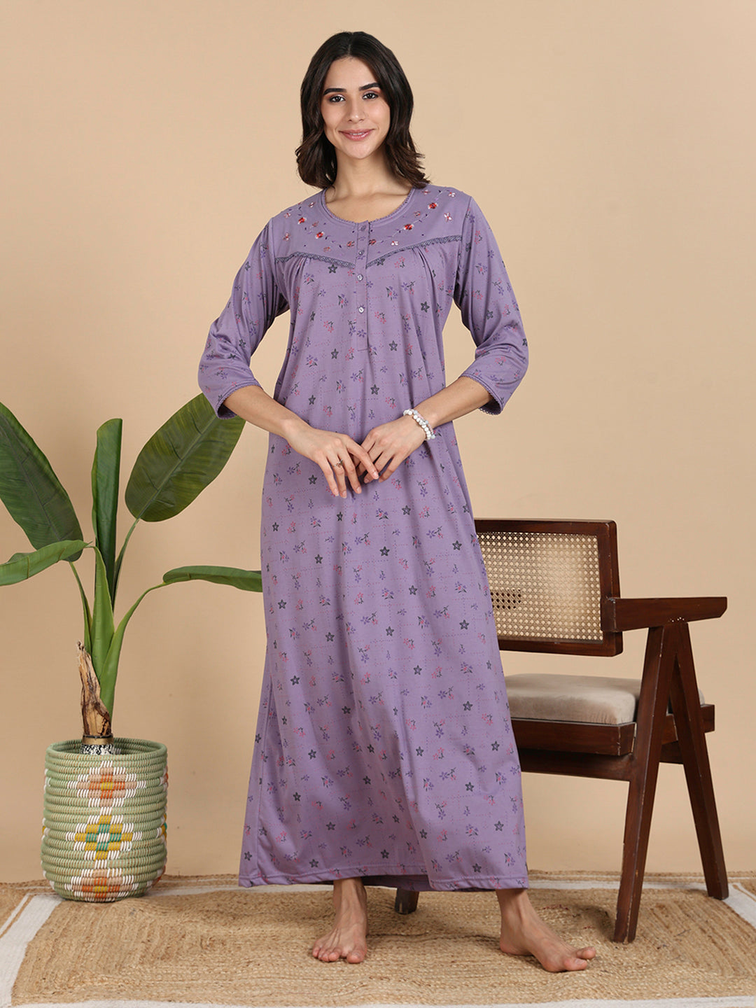 Lavender Cotton Blend 3/4 Sleeves Nighty Dress for Women