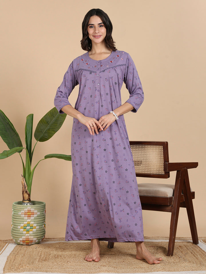 Lavender Cotton Blend 3/4 Sleeves Nighty Dress for Women