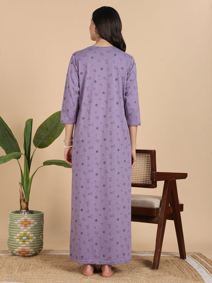 Lavender Cotton Blend 3/4 Sleeves Nighty Dress for Women