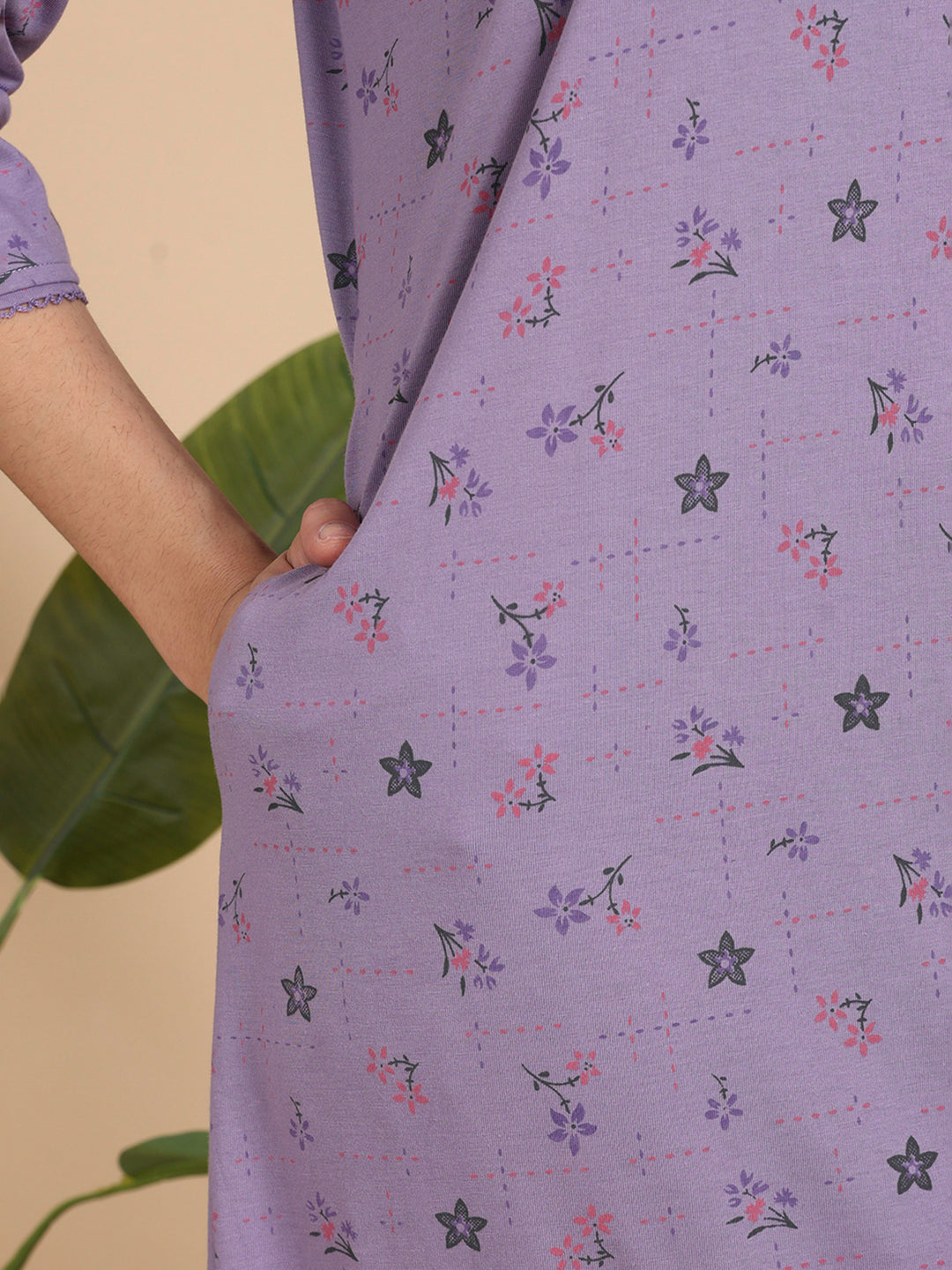 Lavender Cotton Blend 3/4 Sleeves Nighty Dress for Women