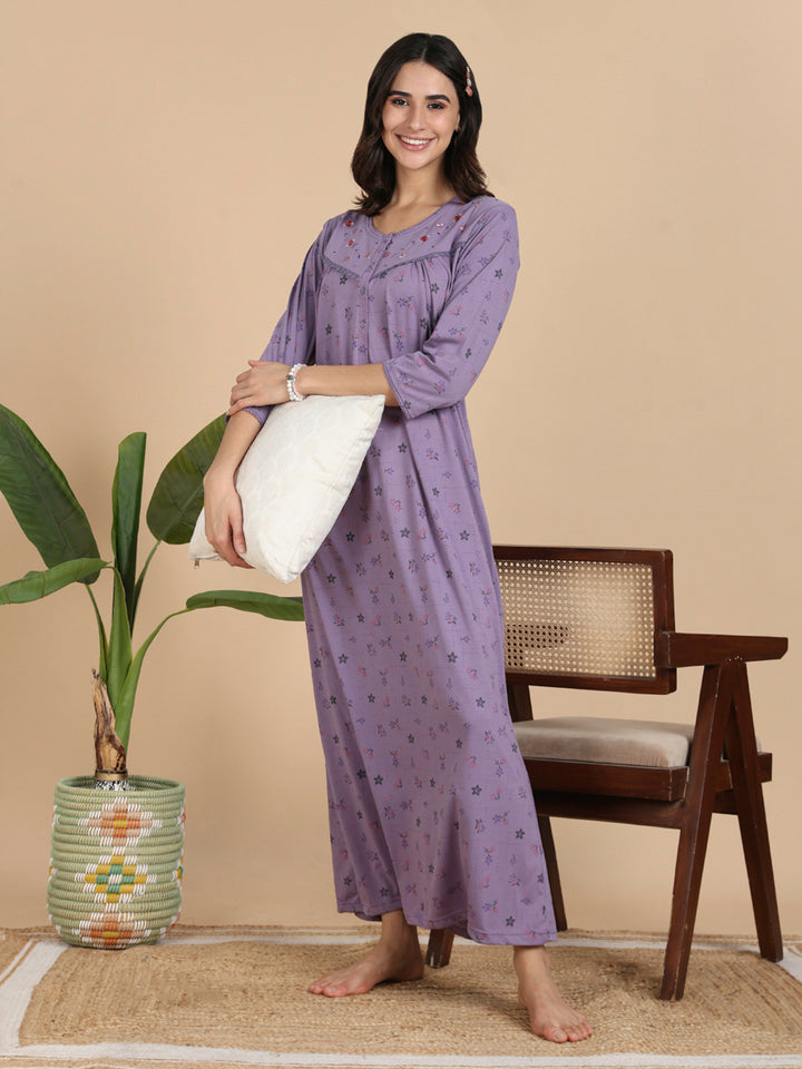 Lavender Cotton Blend 3/4 Sleeves Nighty Dress for Women