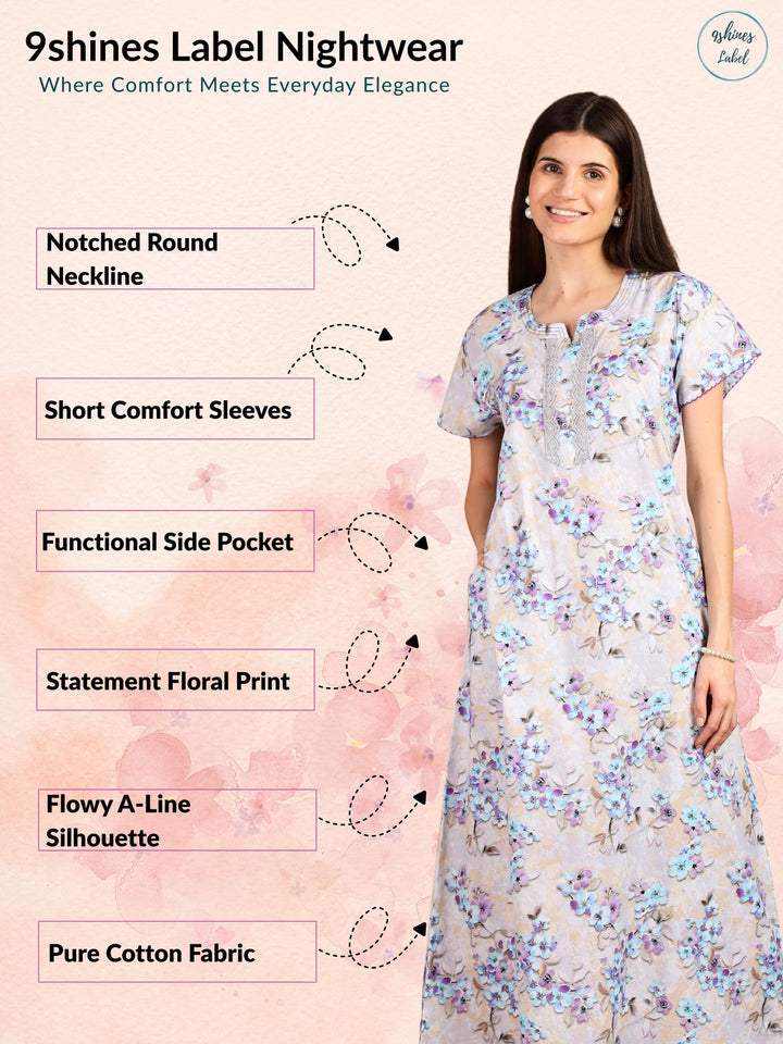 Lavender Floral Pure Cotton Nighty for Ladies