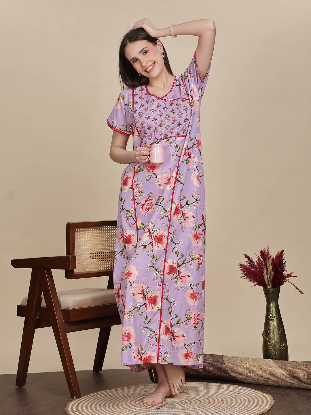 Buy Lavender Floral Print Jaipuri Cotton Nighty For Women Cotton / XL/46