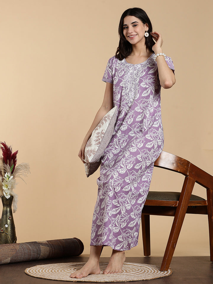 Lavender Embroidered Jaipuri Pure Cotton Nighty dress