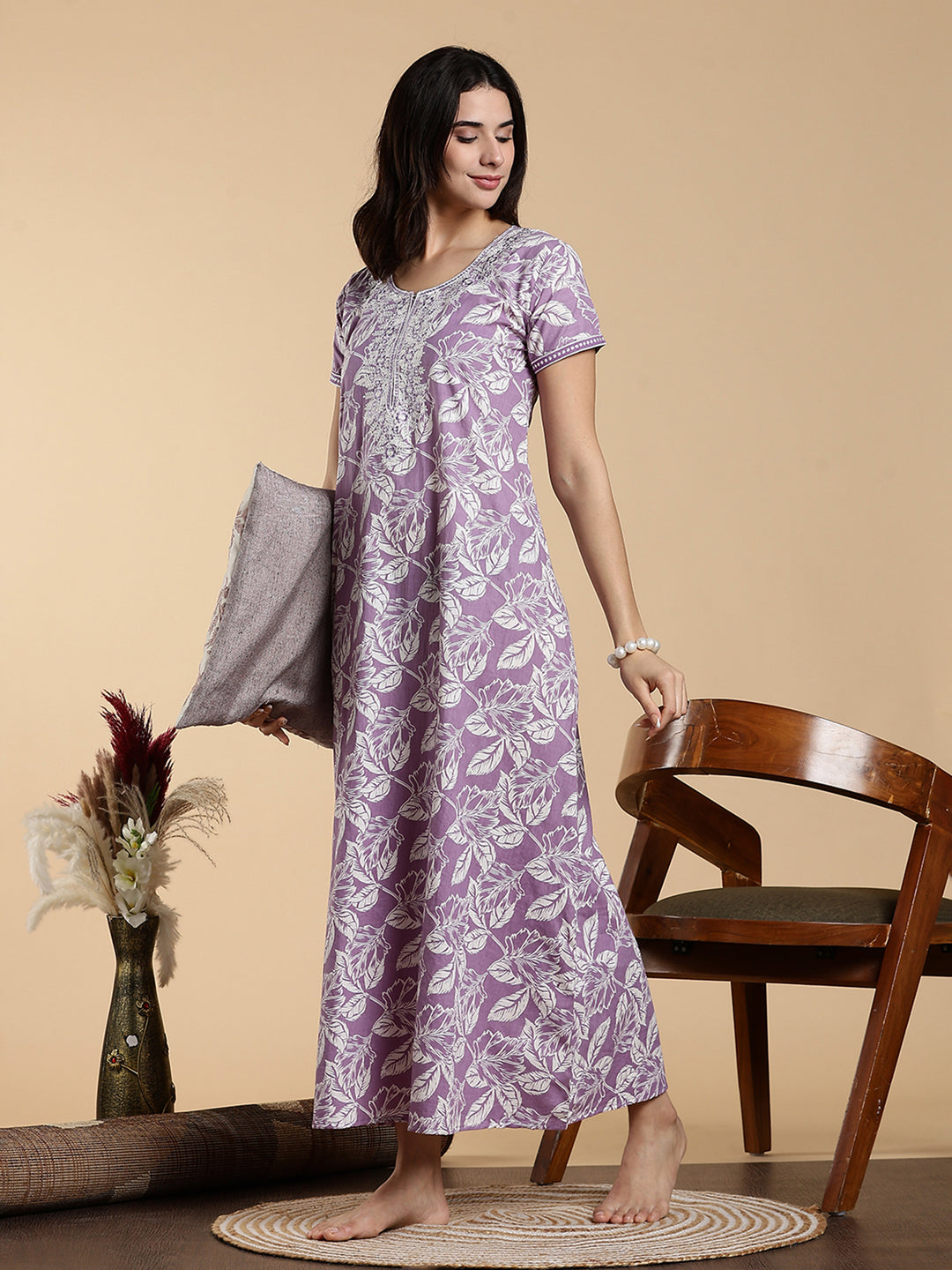 Lavender Embroidered Jaipuri Pure Cotton Nighty dress