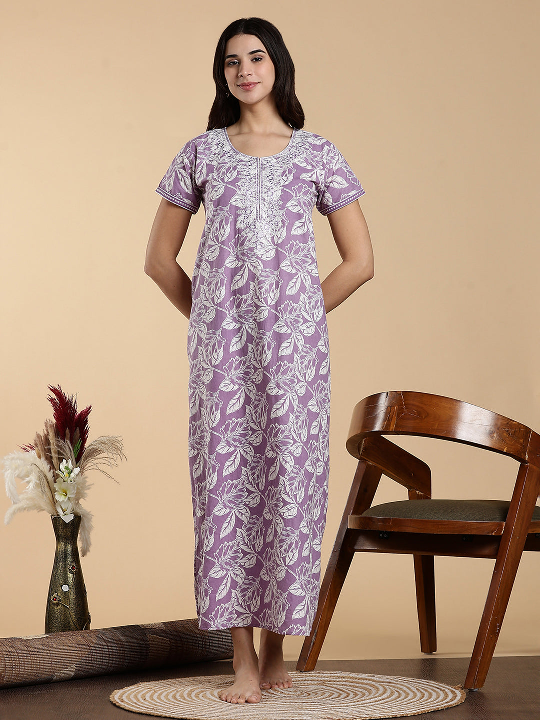 Lavender Embroidered Jaipuri Pure Cotton Nighty dress
