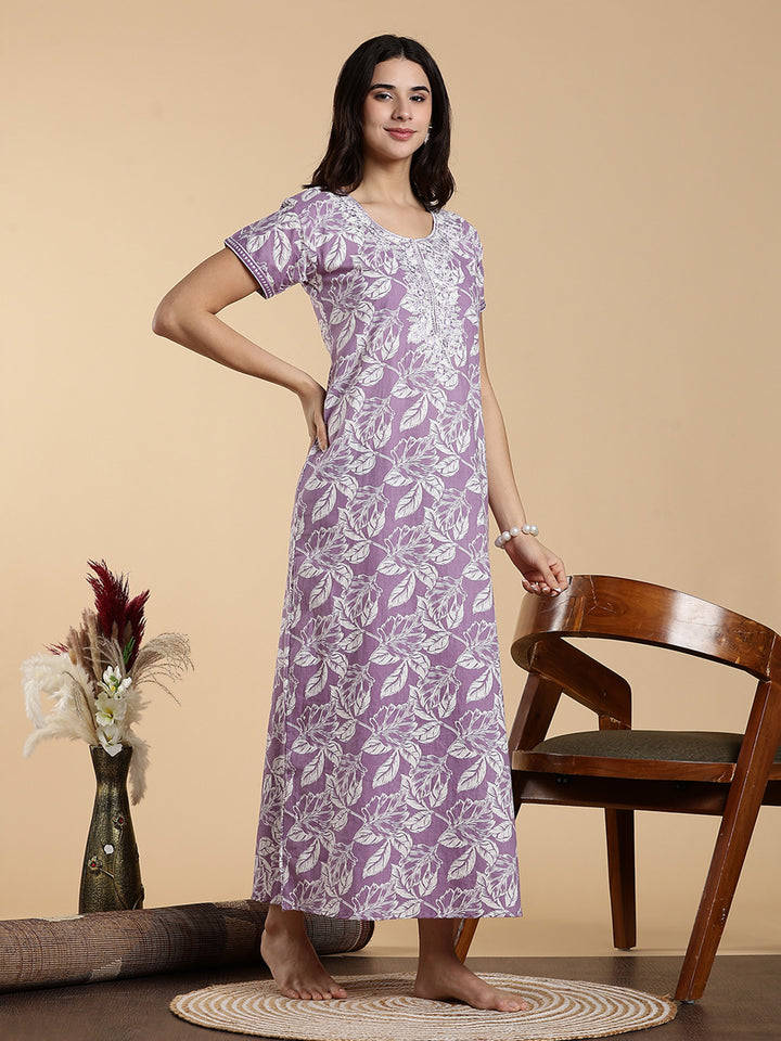 Lavender Embroidered Jaipuri Pure Cotton Nighty dress