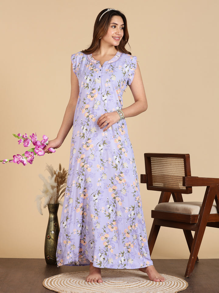 Lavender Rayon Floral Sleeveless Nighty for Women