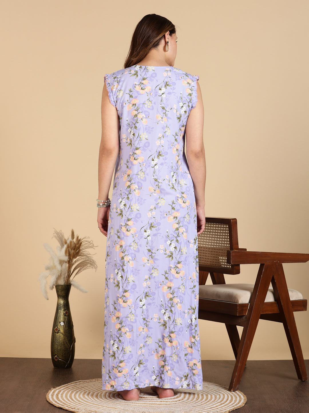 Lavender Rayon Floral Sleeveless Nighty for Women