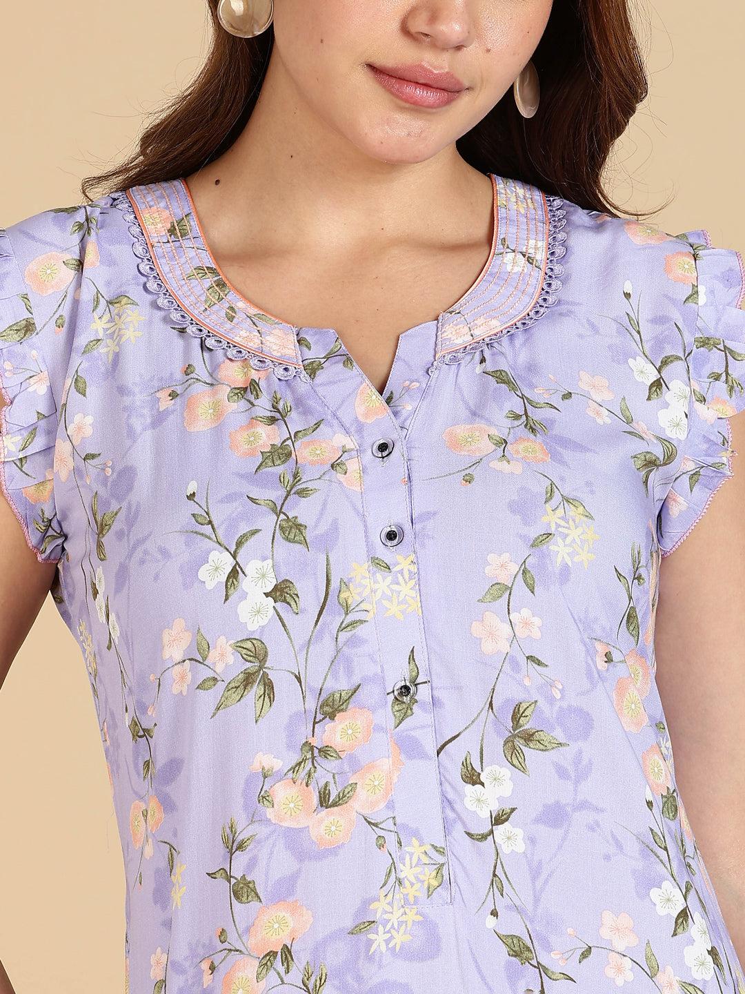 Lavender Rayon Floral Sleeveless Nighty for Women