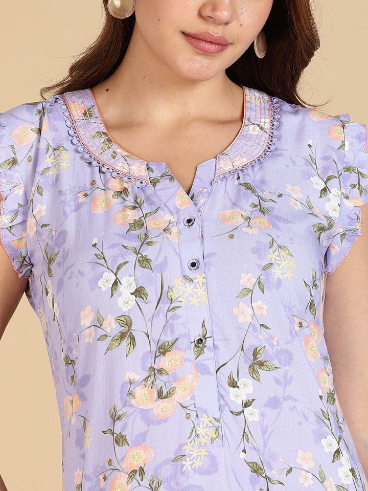 Lavender Rayon Floral Sleeveless Nighty for Women