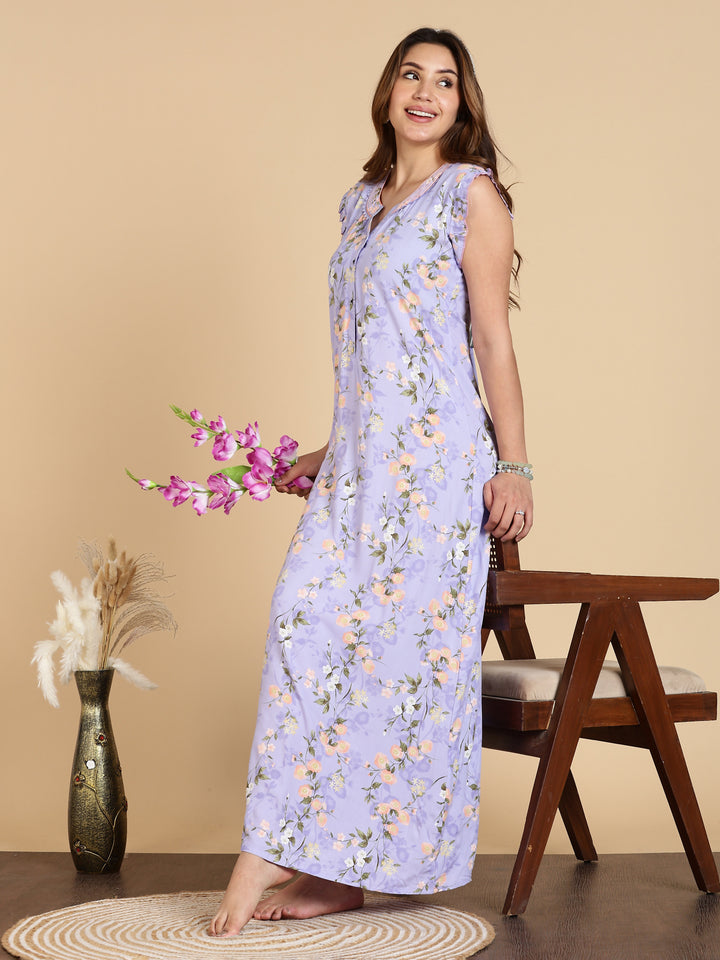 Lavender Rayon Floral Sleeveless Nighty for Women