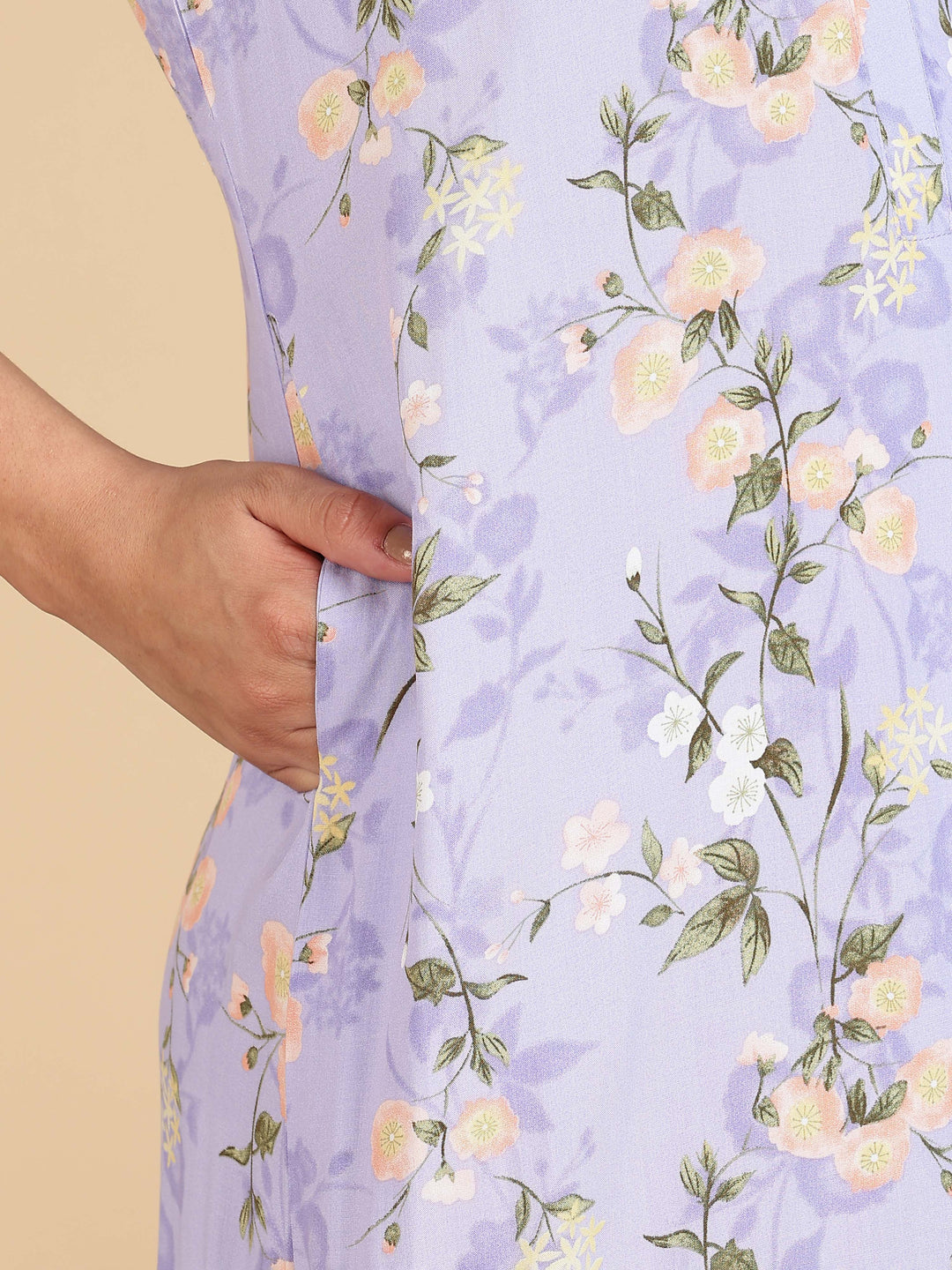 Lavender Rayon Floral Sleeveless Nighty for Women