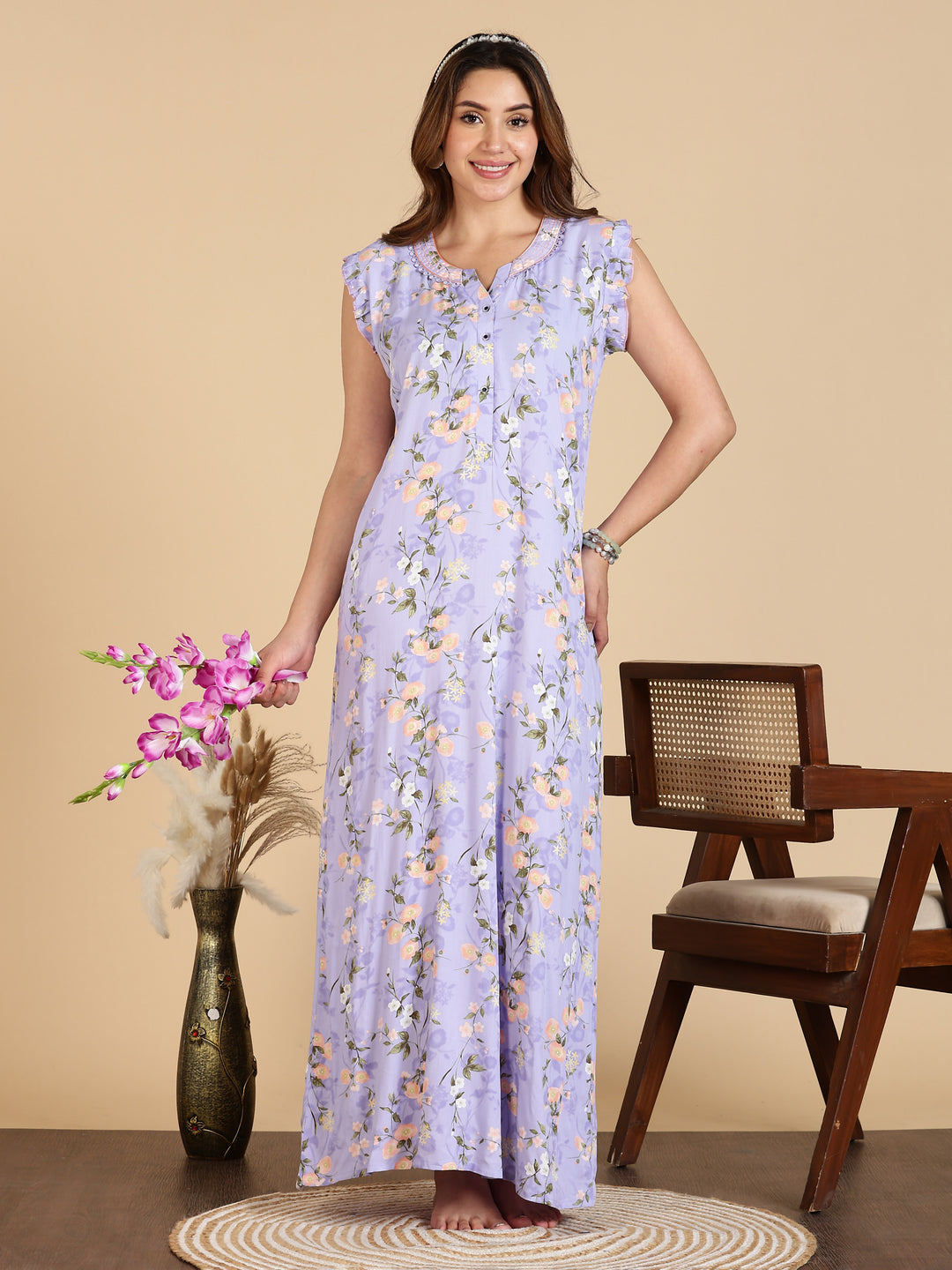 Lavender Rayon Floral Sleeveless Nighty for Women