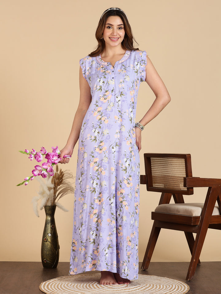 Lavender Rayon Floral Sleeveless Nighty for Women