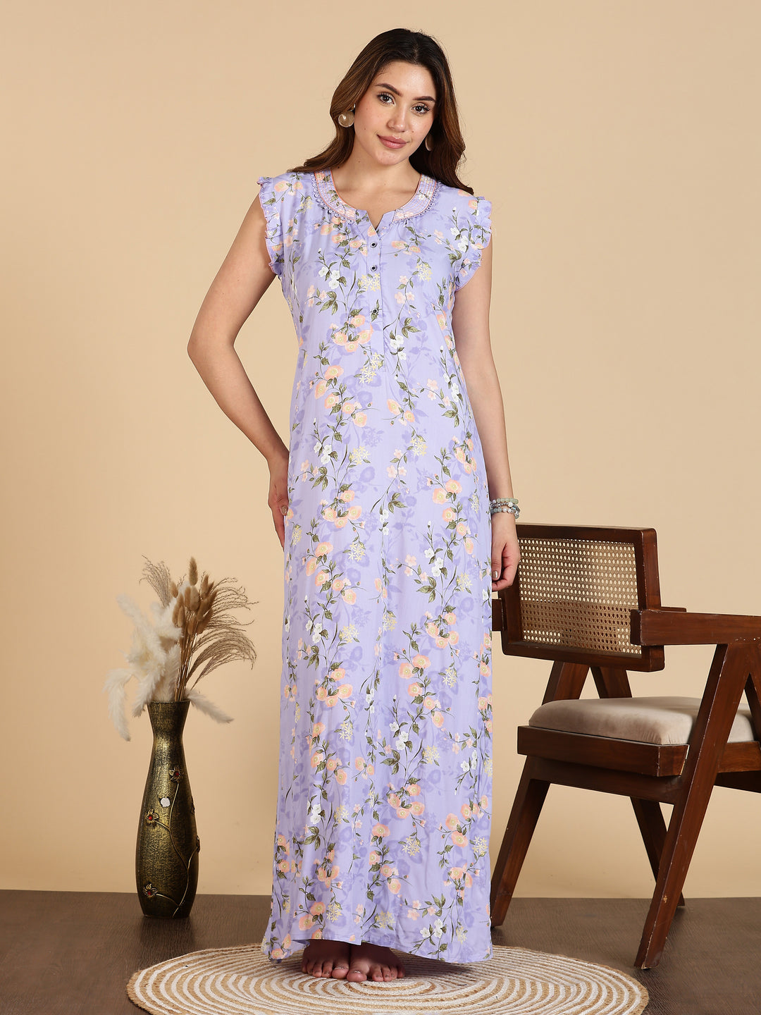 Lavender Rayon Floral Sleeveless Nighty for Women