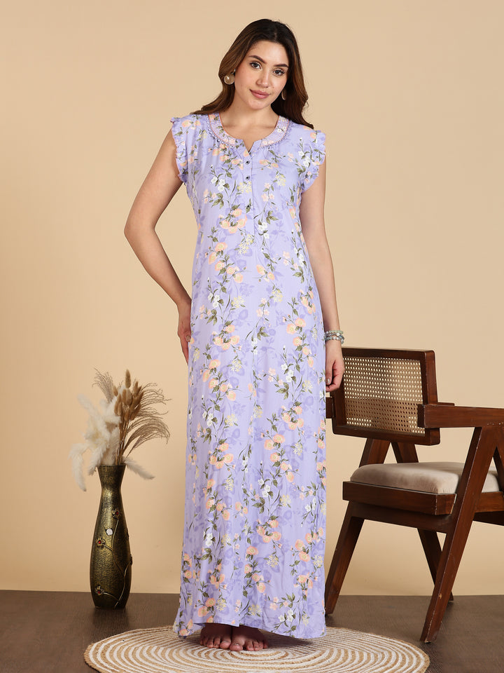 Lavender Rayon Floral Sleeveless Nighty for Women