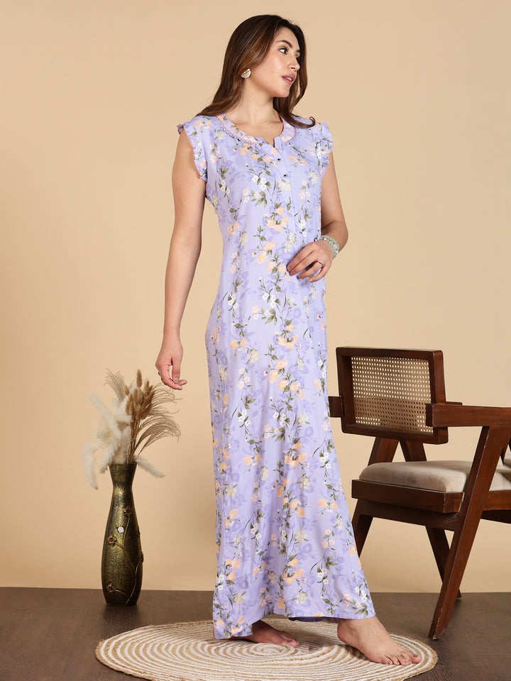 Lavender Rayon Floral Sleeveless Nighty for Women