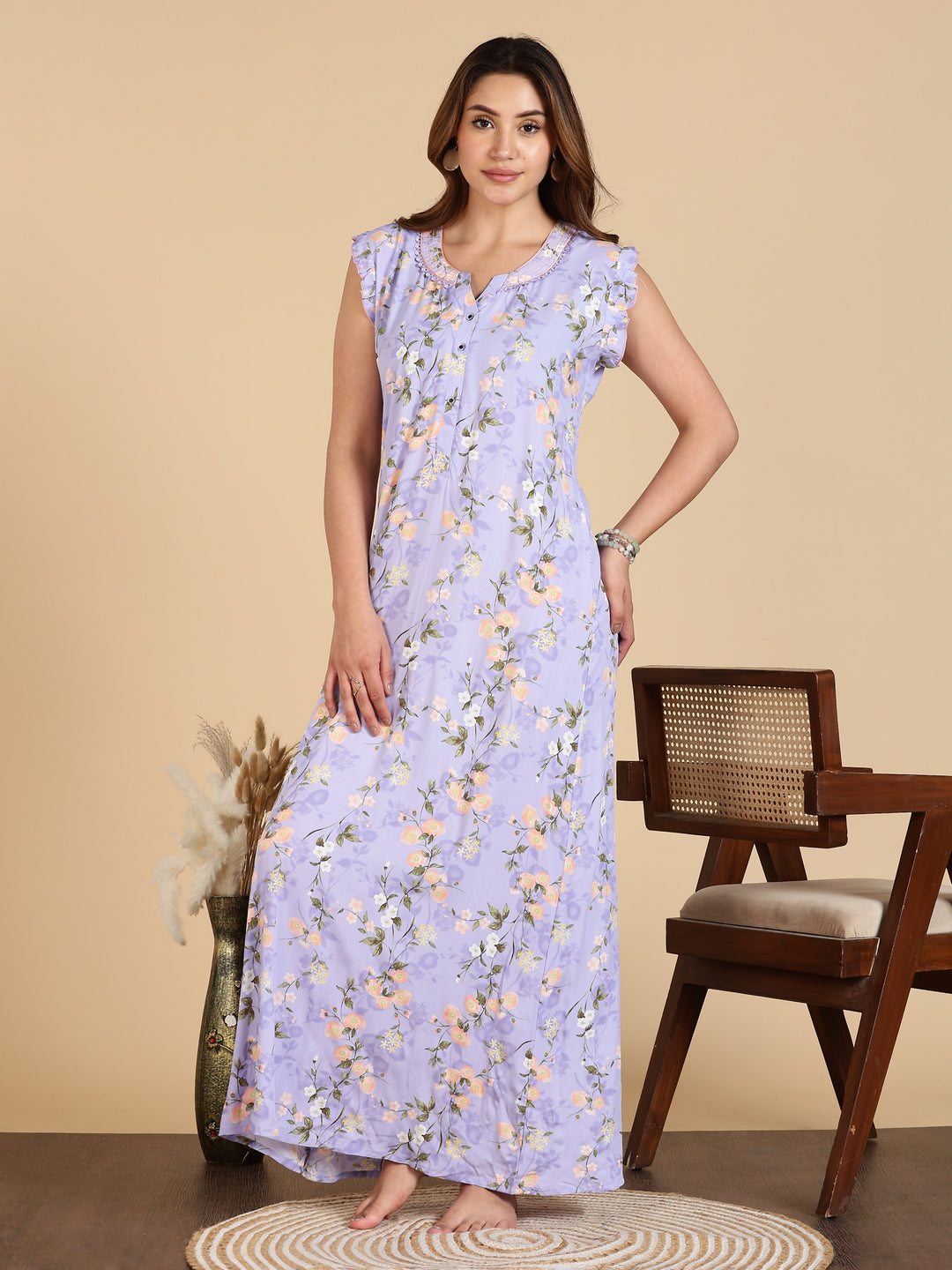 Lavender Rayon Floral Sleeveless Nighty for Women