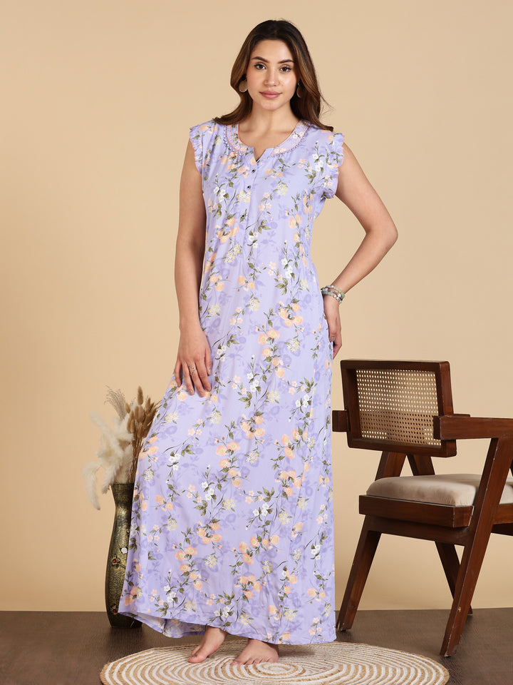 Lavender Rayon Floral Sleeveless Nighty for Women