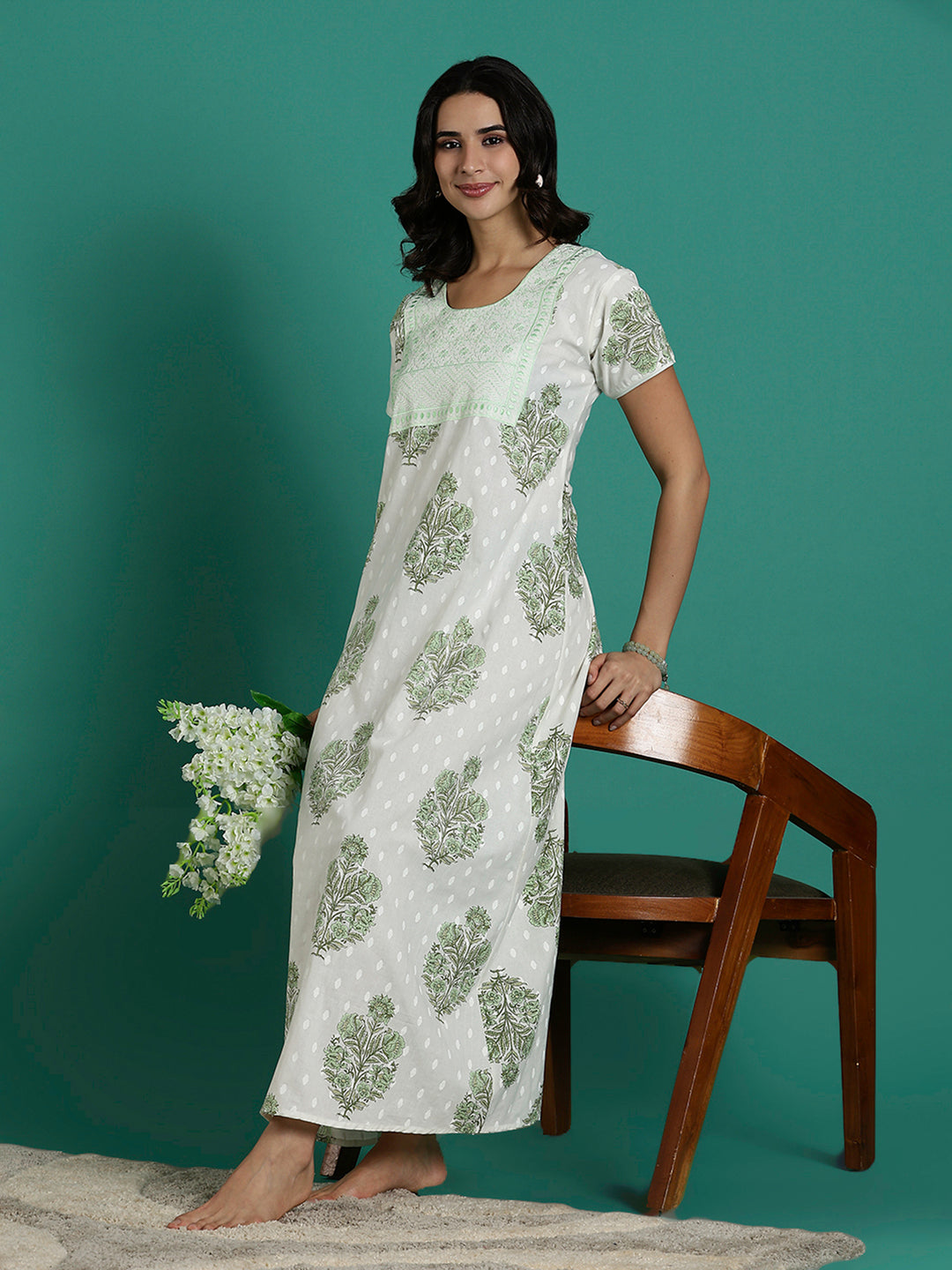 Leaf Print Breathable and Stylish Pure Cotton Nighty
