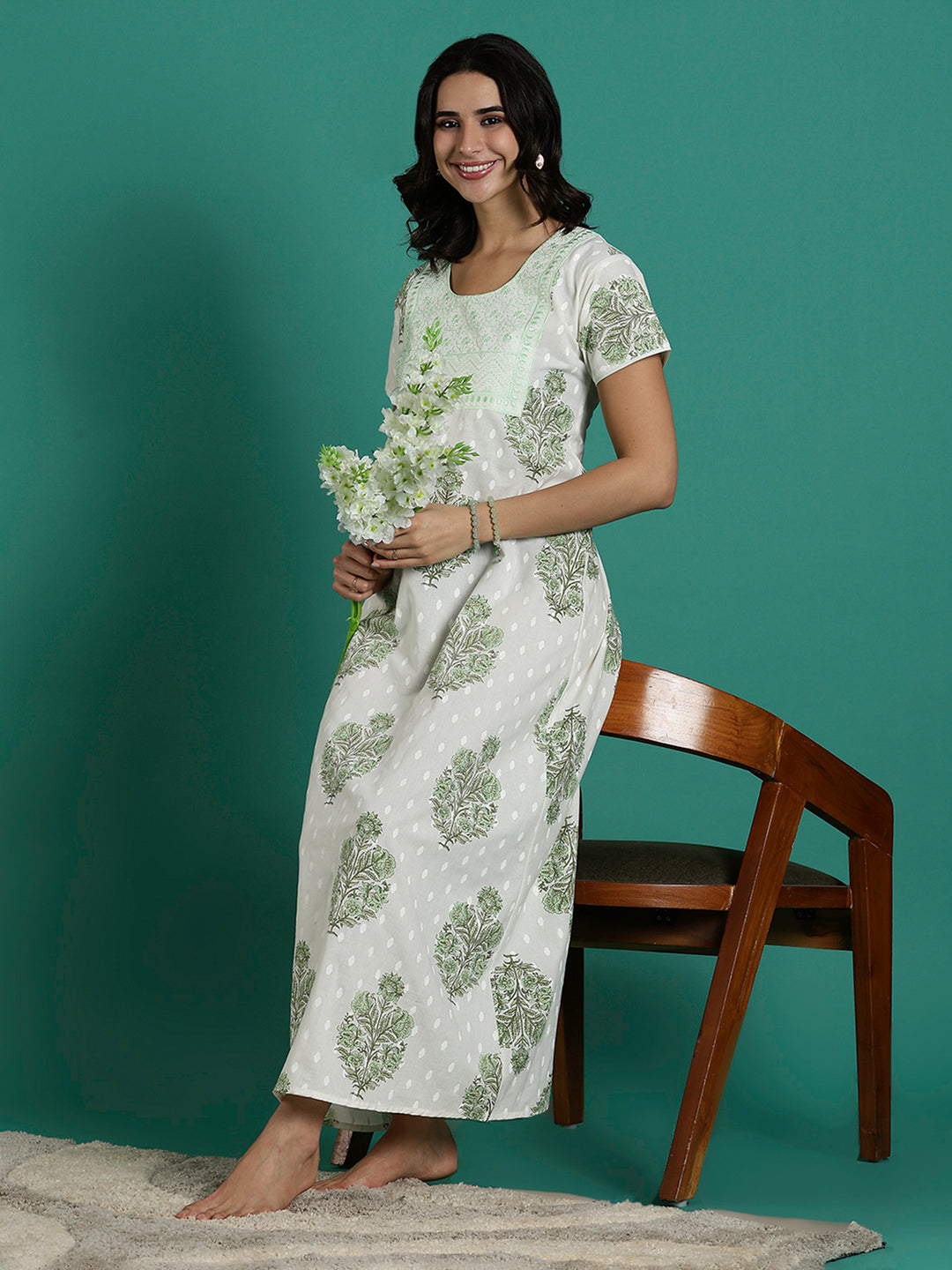 Leaf Print Breathable and Stylish Pure Cotton Nighty