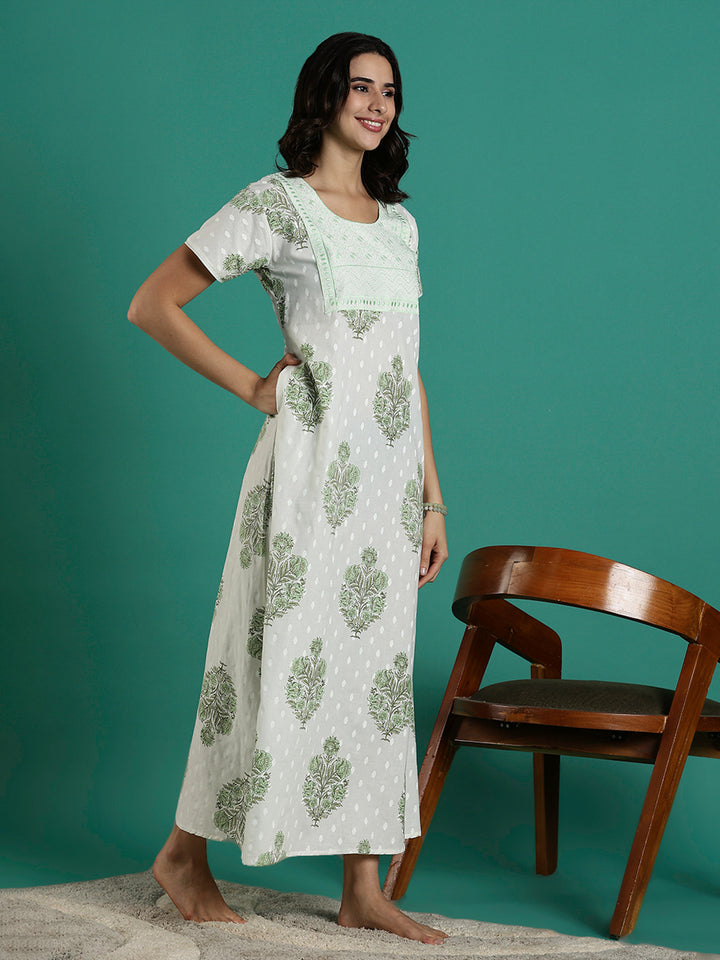 Leaf Print Breathable and Stylish Pure Cotton Nighty