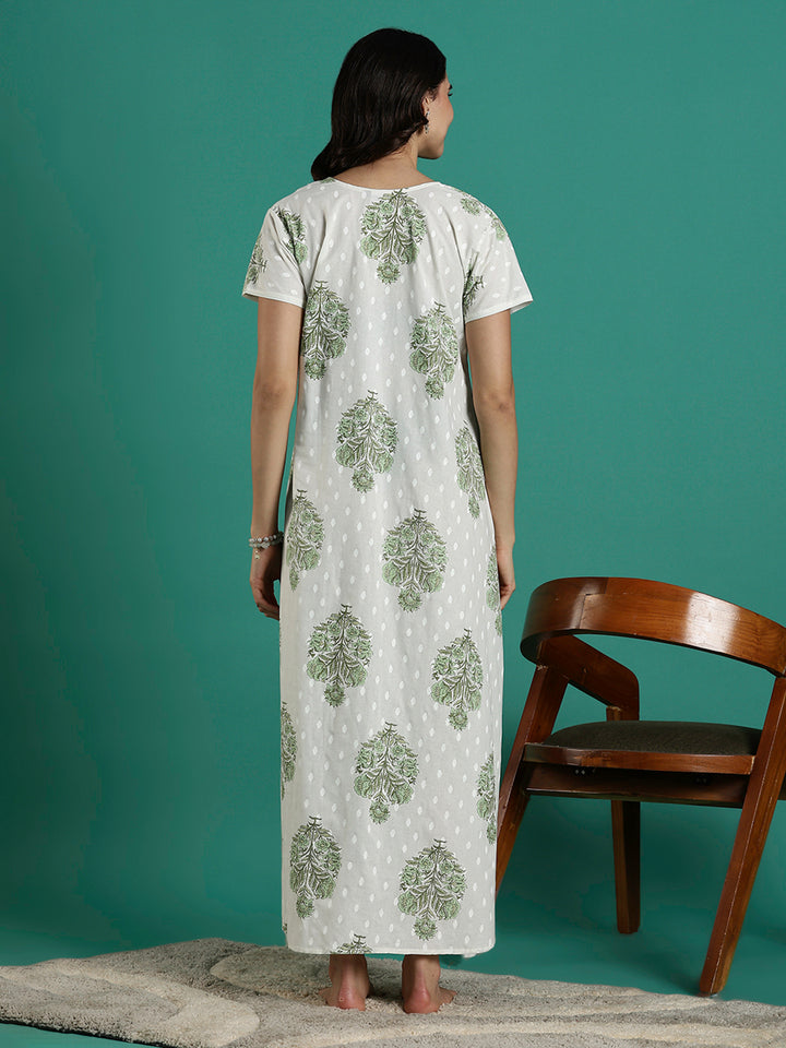 Leaf Print Breathable and Stylish Pure Cotton Nighty