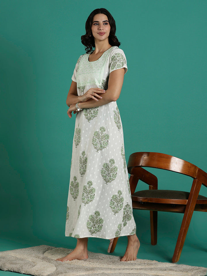 Leaf Print Breathable and Stylish Pure Cotton Nighty