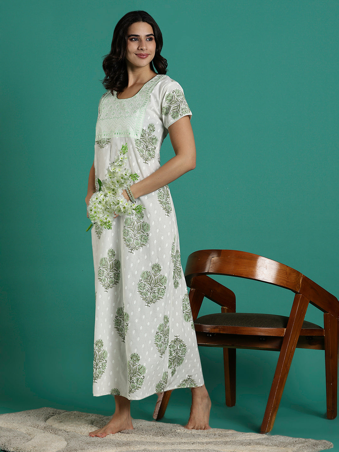 Leaf Print Breathable and Stylish Pure Cotton Nighty