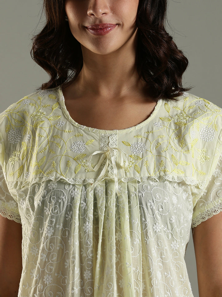 Lemon Zest Chikankari Cotton Nighty Online with Pocket