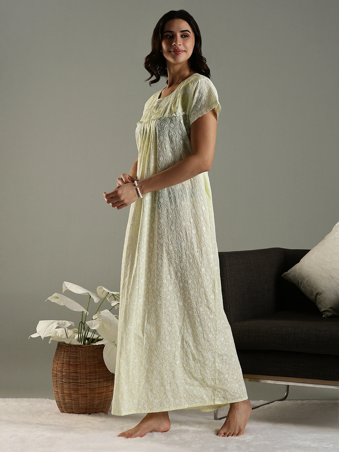 Lemon Zest Chikankari Cotton Nighty Online with Pocket