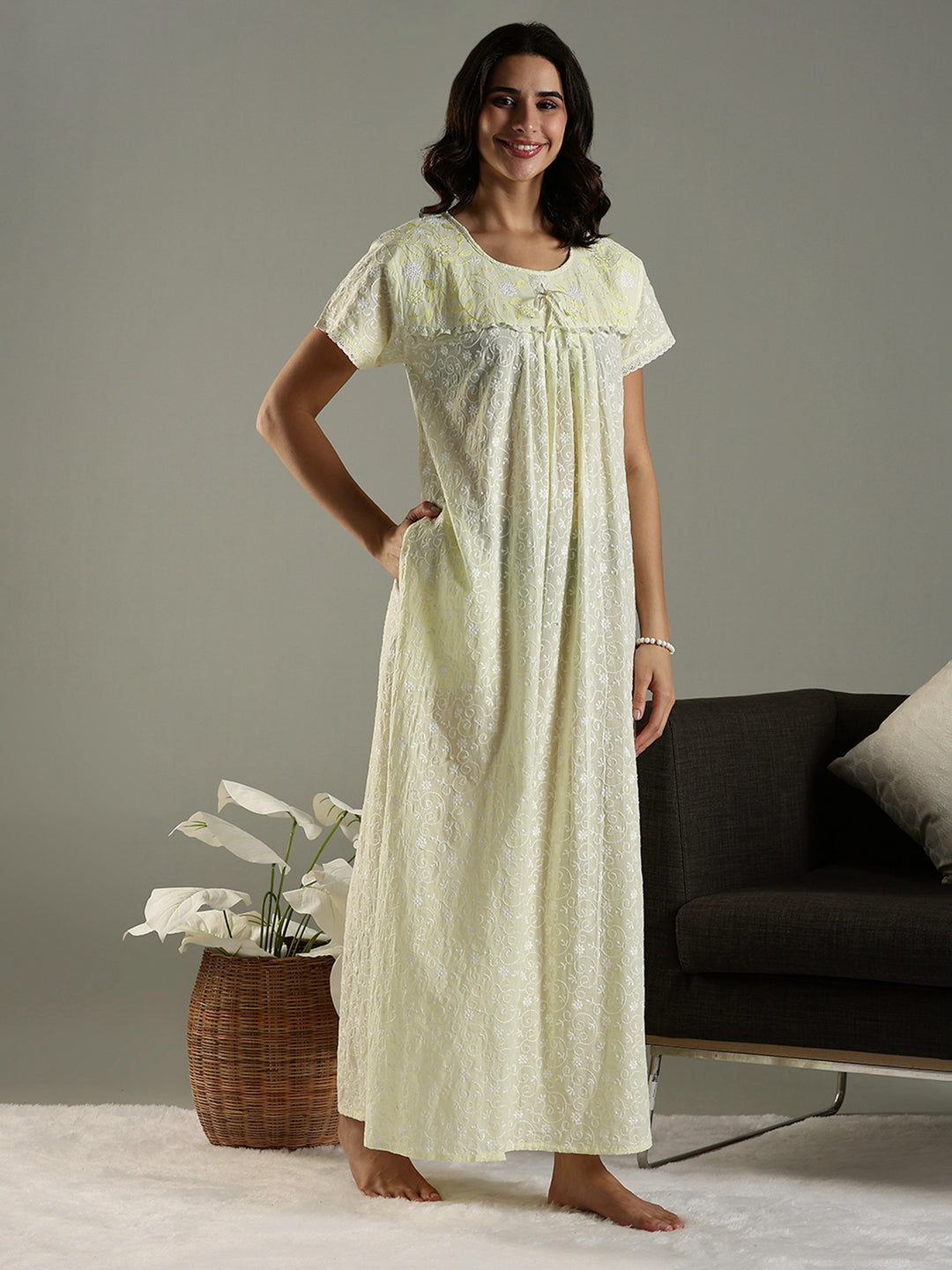 Lemon Zest Chikankari Cotton Nighty Online with Pocket