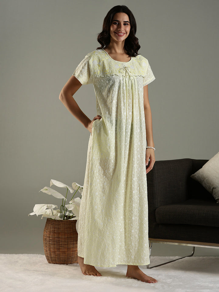 Lemon Zest Chikankari Cotton Nighty Online with Pocket