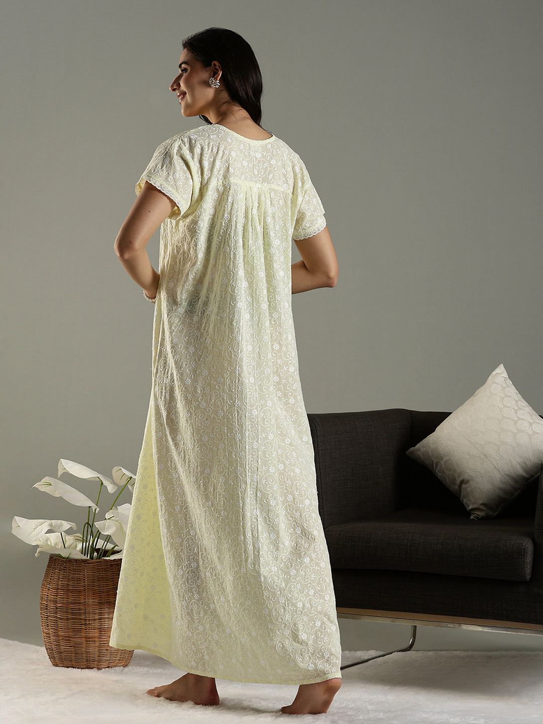 Lemon Zest Chikankari Cotton Nighty Online with Pocket