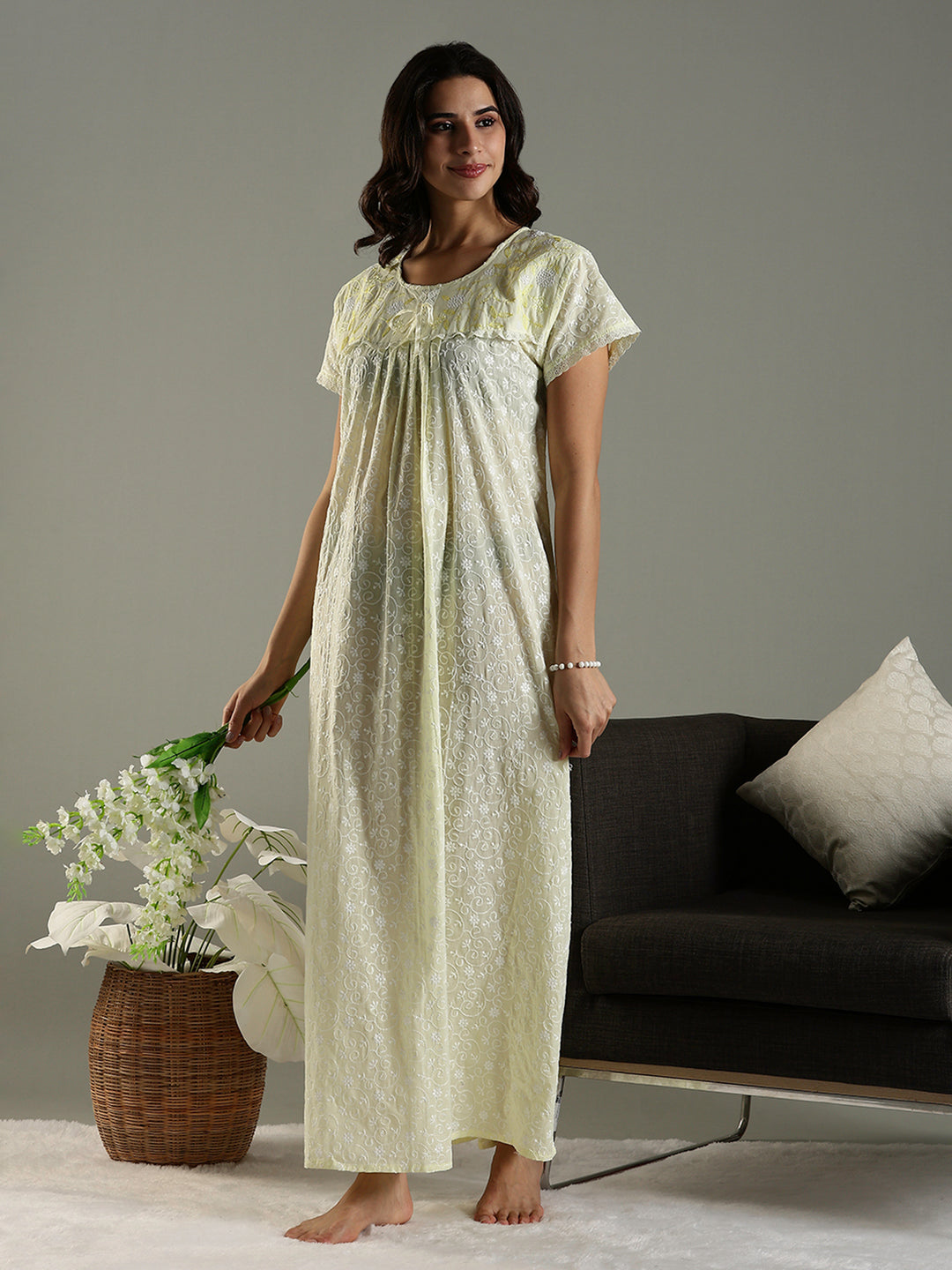 Lemon Zest Chikankari Cotton Nighty Online with Pocket