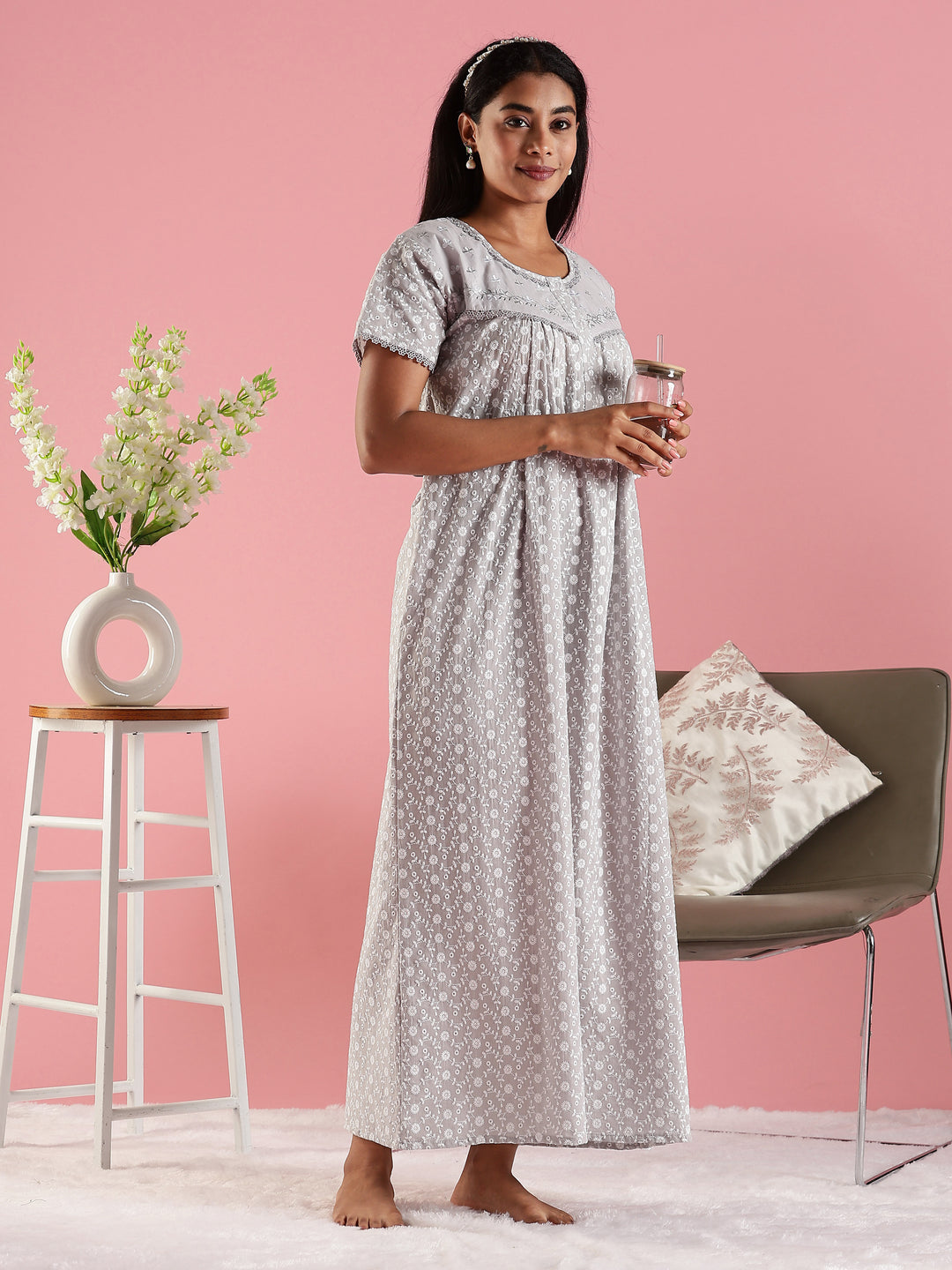 Stylish and Cozy Grey Pure Cotton Nighty for Women