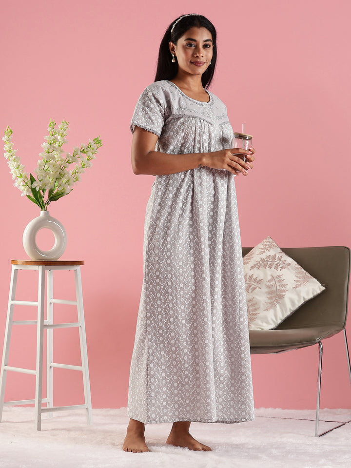 Stylish and Cozy Grey Pure Cotton Nighty for Women