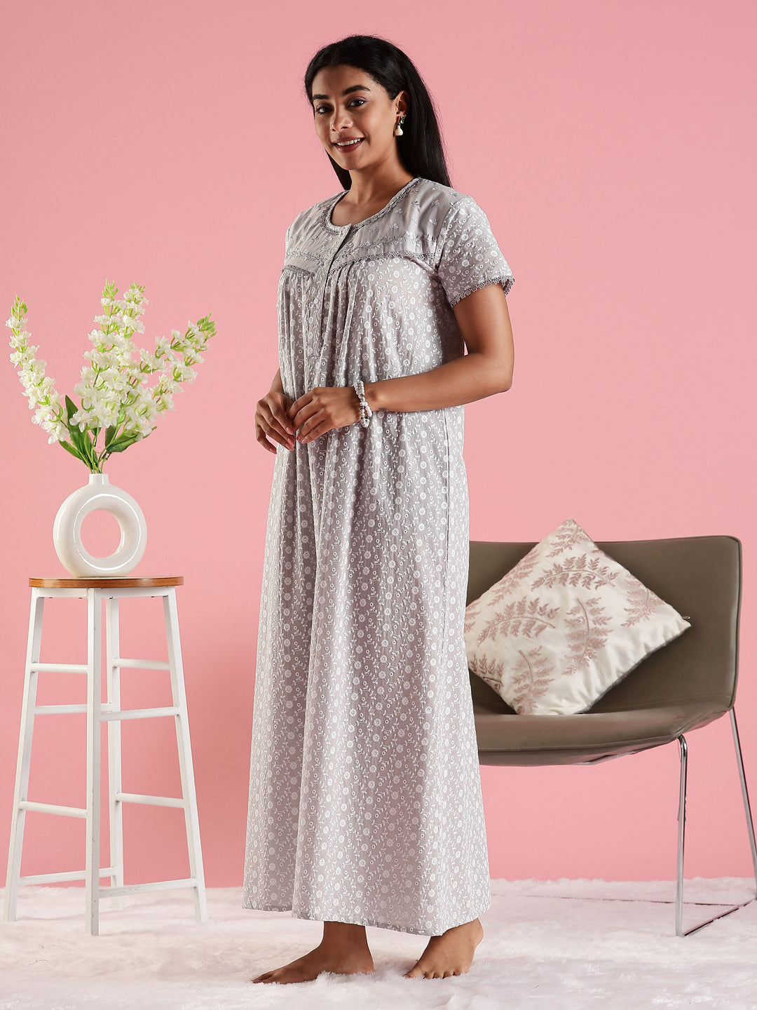 Stylish and Cozy Grey Pure Cotton Nighty for Women